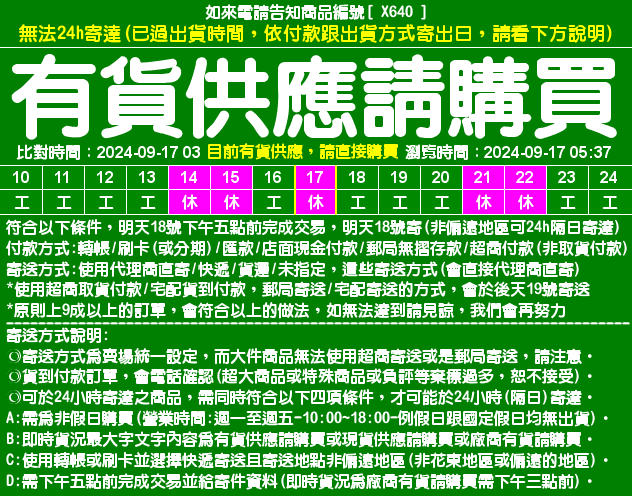 目前資料整理中，請直接在問與答中詢問即時貨況